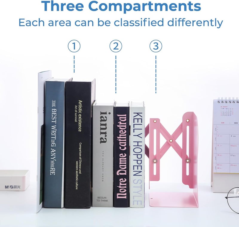 MG Adjustable Bookends Book Ends for Shelves, Metal Bookend for Heavy Books, Desk Magazine File Organizer Holder Extends up to 20in, Book Stopper for Home, Office, Classroom (Pink) - Image 3